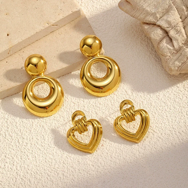 Fashion Design Stainless Steel Smooth Irregular Hollow Pendant Circular Heart Earring Women Trendy Charm Jewelry Gifts