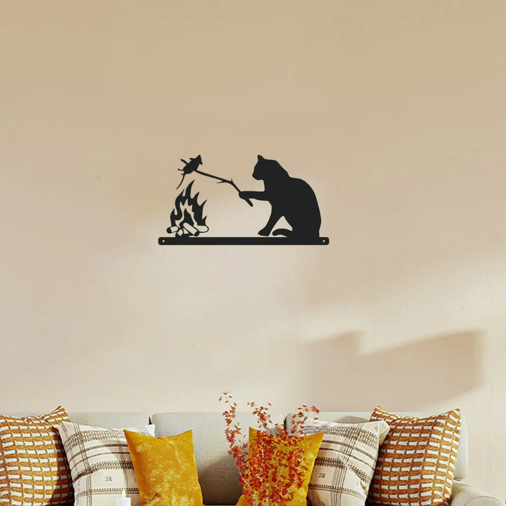 Encantadora escultura de pared de escena de asado de gato y ratón de metal | Decoración de dormitorio/sala de estar | Regalo de Halloween y Navidad