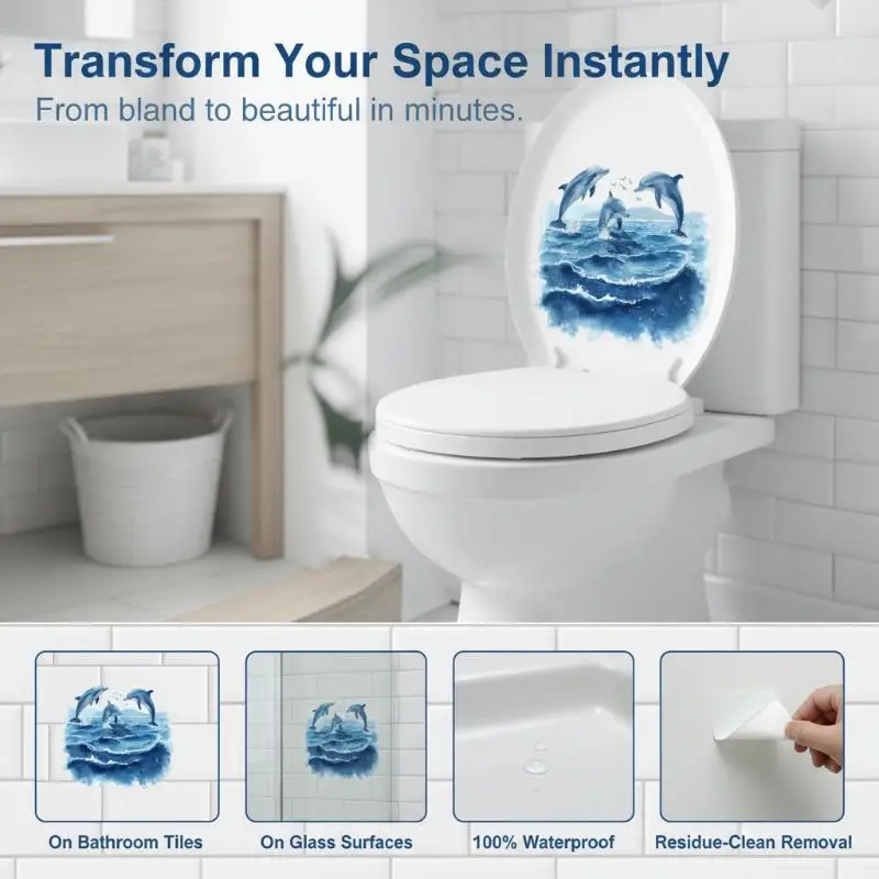 [E] Vivid Watercolor Dolphin Ocean Toilet Sticker For Bedroom Living Bathroom Home Decoration