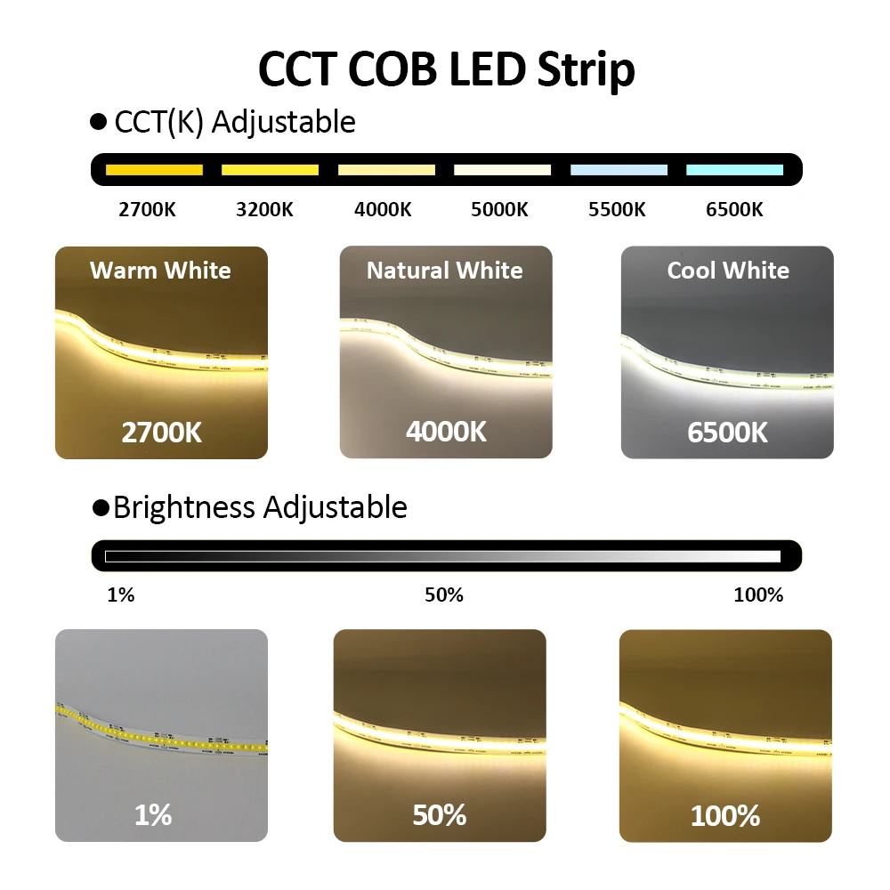 Tuya COB LED Light Strip CCT 24V 512 LEDs FOB 10mm High Density WW CW RF Smart Life Wireless CCT FOB Flexible Tape Ribbon Lamp
