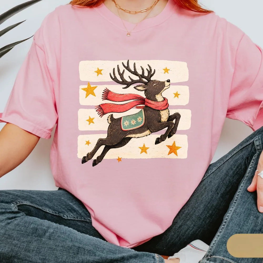 Retro Reindeer T-Shirt Cute Christmas Deer Tee  Vintage Holiday Graphic Shirt Festive Winter Cotton Tops Rustic Xmas Outfit