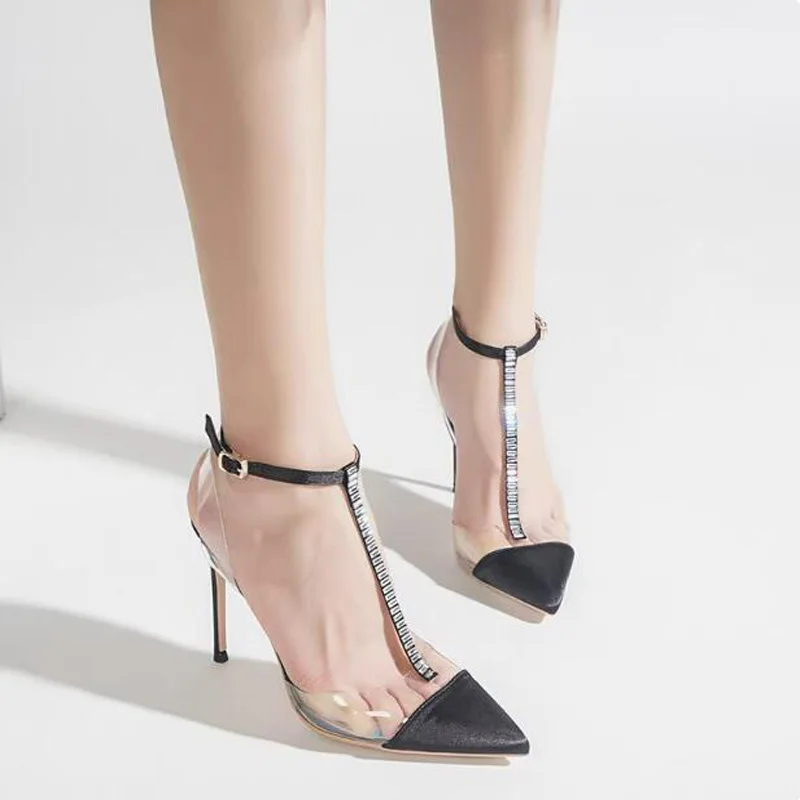 Black White Champagne Silk Pointed Toe Transparent PVC Summer Sandals T Ankle Strap Slingback High Heel Pumps Party Dress Shoe