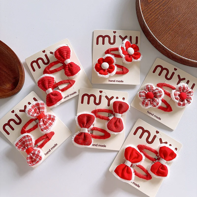 

2 шт./компл., заколки для волос с красным бархатным цветком для девочек, новогодние рождественские аксессуары для волос с бантом, кавайные заколки с боковой застежкой для детей