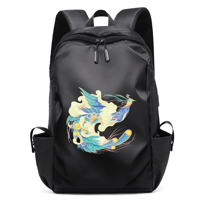 

Girl School Bag College Student Women Man Backpack Phoenix Bird Pattern Printed Female Laptop USB Charger Port Backpack