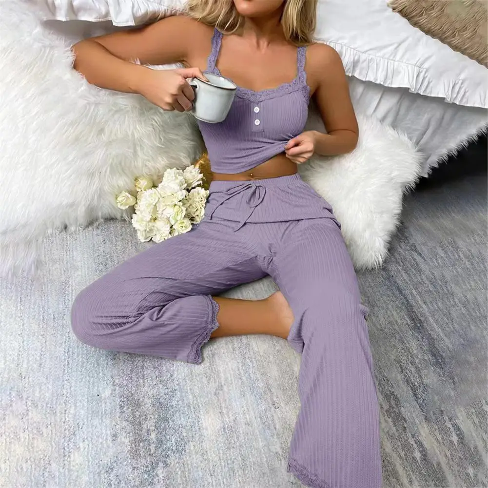 Women Pajama Set Solid Color Lace Flower Edge V Neck Tank Tops Drawstring Long Trousers Set Sexy Pajamas Camisole Loungewear