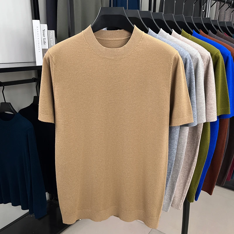2025 Spring and Autumn Thin Fashion Men's Short Sleeve Woolen Sweater Solid Color Sweater Half Sleeve Knitted Sweater