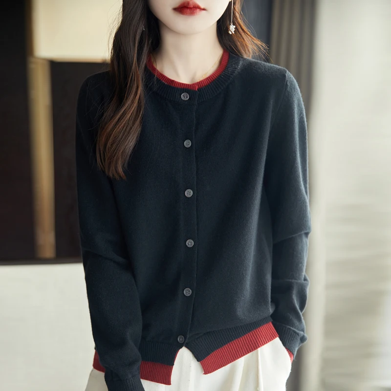 2024 New Spring Autumn O-Neck fake two pieces Cashmere Cardigan Women Loose Top Knitted Long Sleeve fake two pieces Cardigan