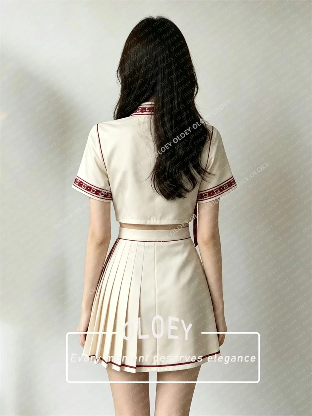 OLOEY Vintage Korean Performance Short Prom Cocktail Dress 2 PCS Embroidery Pattern Top A-Line Mini Skirt Soft Satin Customized