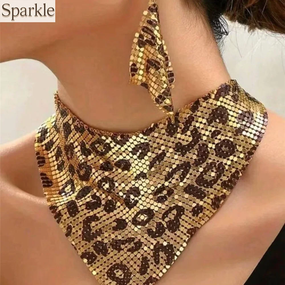 

Sexy Leopard Print Sequin Bandana Scarf Choker Necklace & Earrings Jewelry Set for Women Exaggerated Sparkly Triangular Scarf