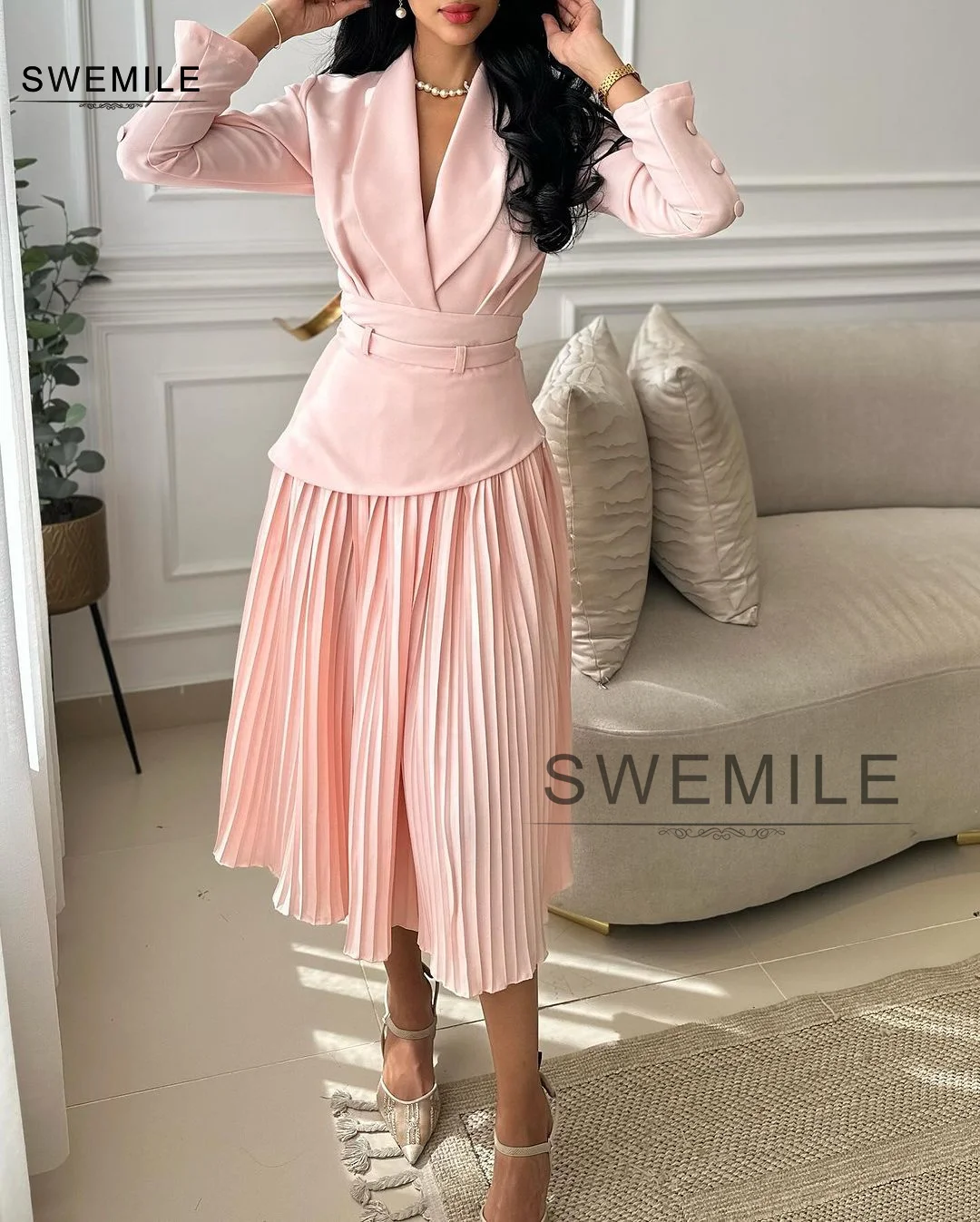 SWEMILE Pink Long Sleeves A-Line Dresses For Prom Elegant And Pretty Women\'S Dresses V-Neck Prom Dress Women Ankle-Length