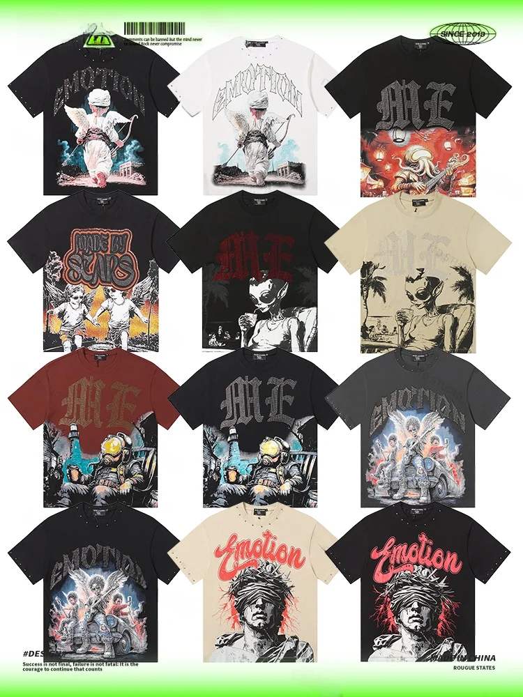 Mixed Emotion Series American Style Streetwear Short Sleeve T-Shirt Rhinestone Printed Unisex Summer Casual Cotton Top