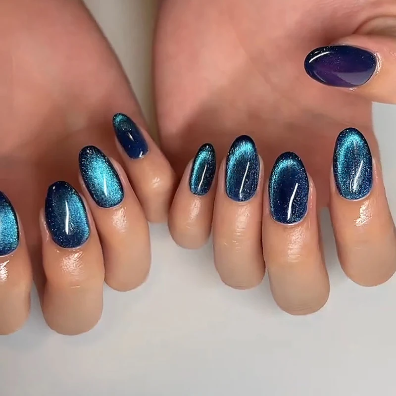 Uñas postizas portátiles con brillo azul degradado, Ojo de gato, Color sólido, uñas postizas terminadas desmontables, presione en las uñas con pegamento