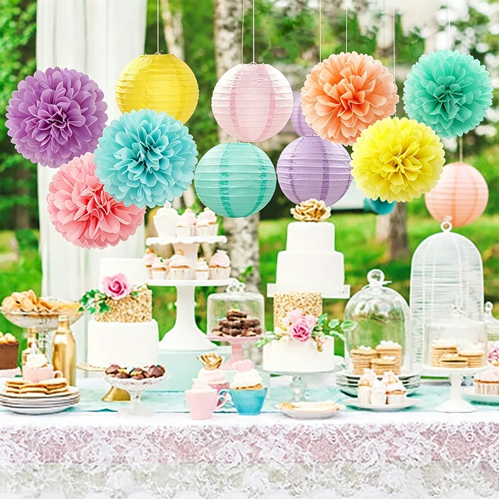 

15pcs Colorful Hanging Paper Lanterns with Pastel Paper Pom Poms Flowers for Ice Cream Party Decorations Birthday Baby Shower