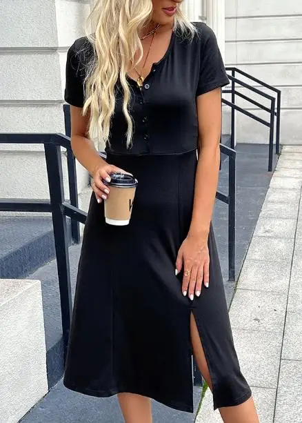 

2025 New Fashionable Short Sleeved Slit Women's Dress