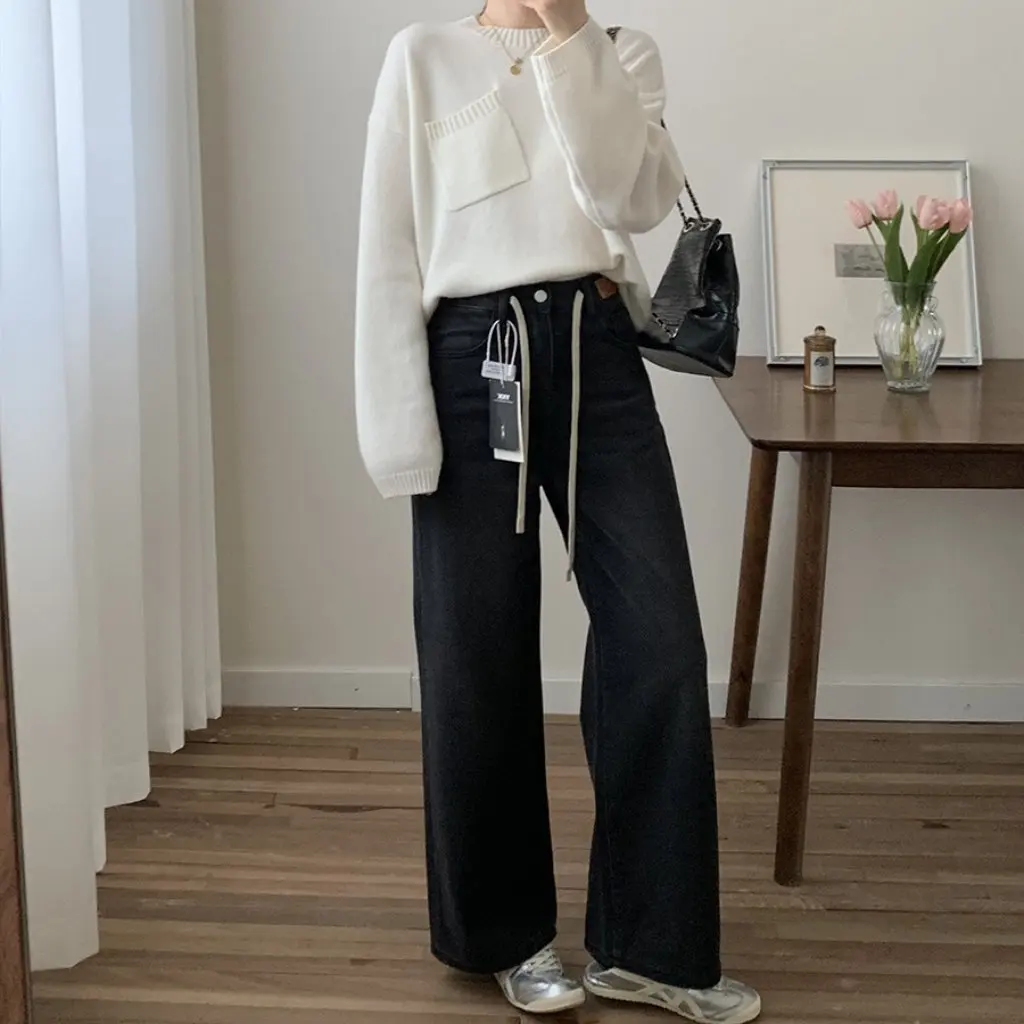 

Повседневные джинсы на шнуровке с высокой талией, утолщенные прямые брюки, зимние удобные цельные штаны с завязками F120406