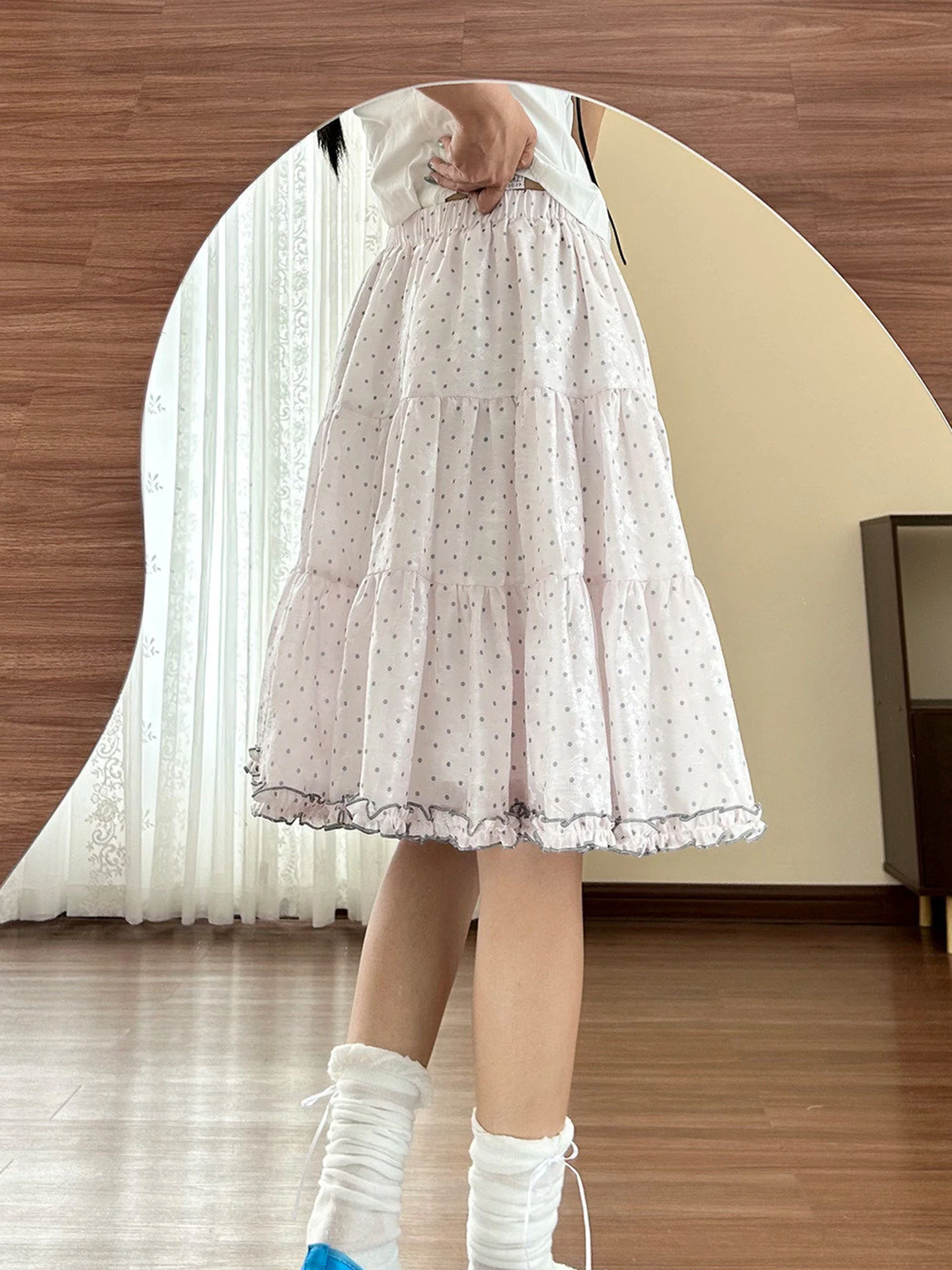 plus Size Women's Pink Polka Dot High Waist A-Line Skirt Summer Slimming Half-length Skirt with Wood Grain  Design