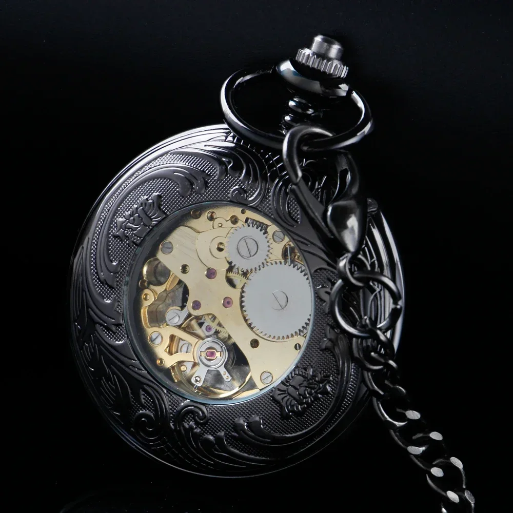 Mode Zwart Tandwiel Holle Romeinse Cijfers Hunter Mechanische Handopwinding Mechanisch Zakhorloge Zakketting Mannelijke PJX1692