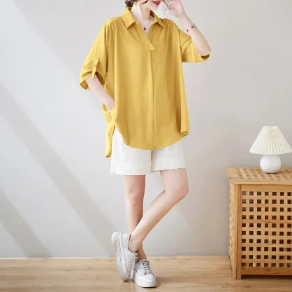 2025 Summer New Large-size Women's Solid Color Loose Belly-covering Medium-length Chiffon Top Short-sleeved Shirt
