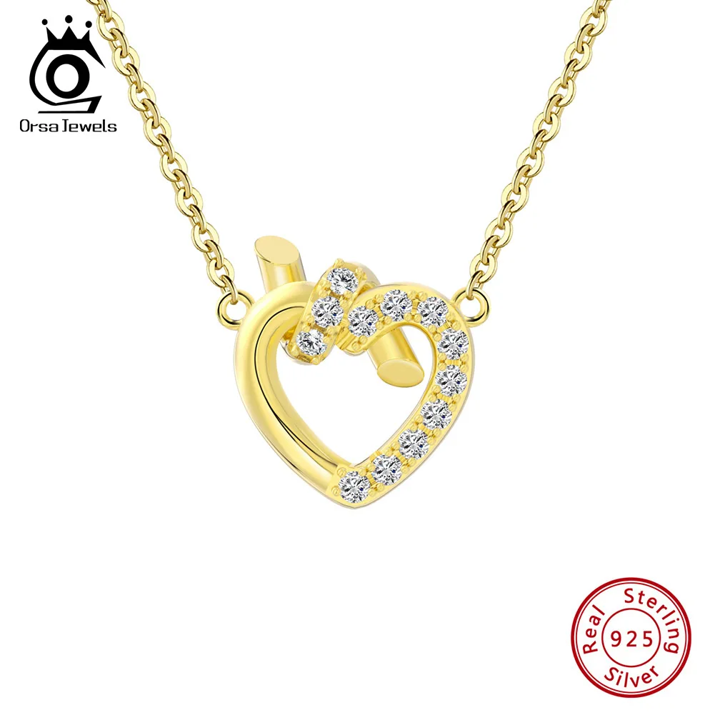 

ORSA JEWELS S925 Silver Brilliant Heart Pendant Cubic Zircon Necklace Sparkling Heart Choker Chain For Women Neck Jewelry APN24