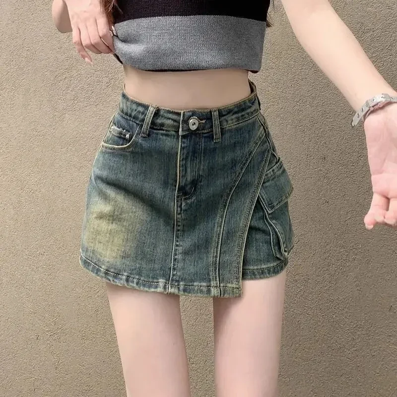 

Female Irregular Sexy Hot Denim Shorts Lady Korean Retro Nightclub Mini Shorts Skirts Girls Blue Buttocks Wrap A Line Culottes