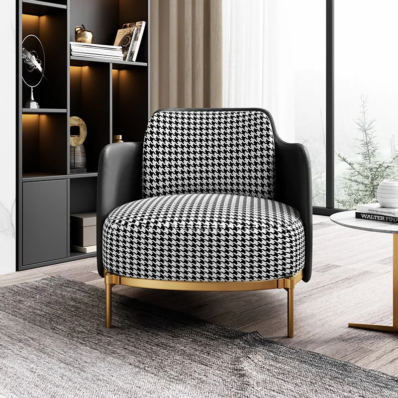 Light luxury single leather sofa chair thousand bird grid home living room modern simple wrought iron hotel tiger armchair