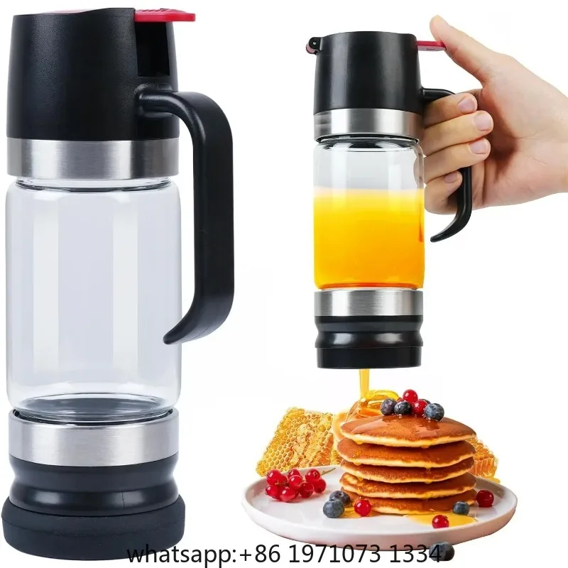 No-Drip Honey Dispenser with Base, Glass Honey Jar Pot with Handle, Syrup Dispenser for Coffee or Tea, Mess-Free Honey Container
