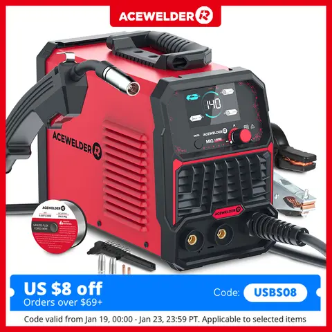 ACEWELDER 140A MIG Welder 110V Flux Cored MlG 3 In 1 Lift TIG Stick ARC Welder Large LED Display Digital Welding Machine