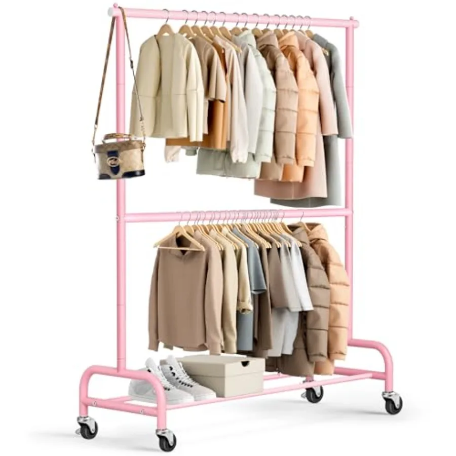 

Heavy Duty Clothing Racks for Hanging Clothes Rack Double Rod Garment Rack Rolling Closet Wardrobe Rack on Wheels, Metal, Adjus