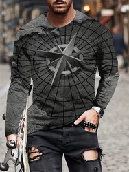 Stylish Compass 3d Print Men's Long Sleeve Tshirts Spring 2024 Vintage Casual Crew Neck Tshirt For Men Good Match Pullover Tops