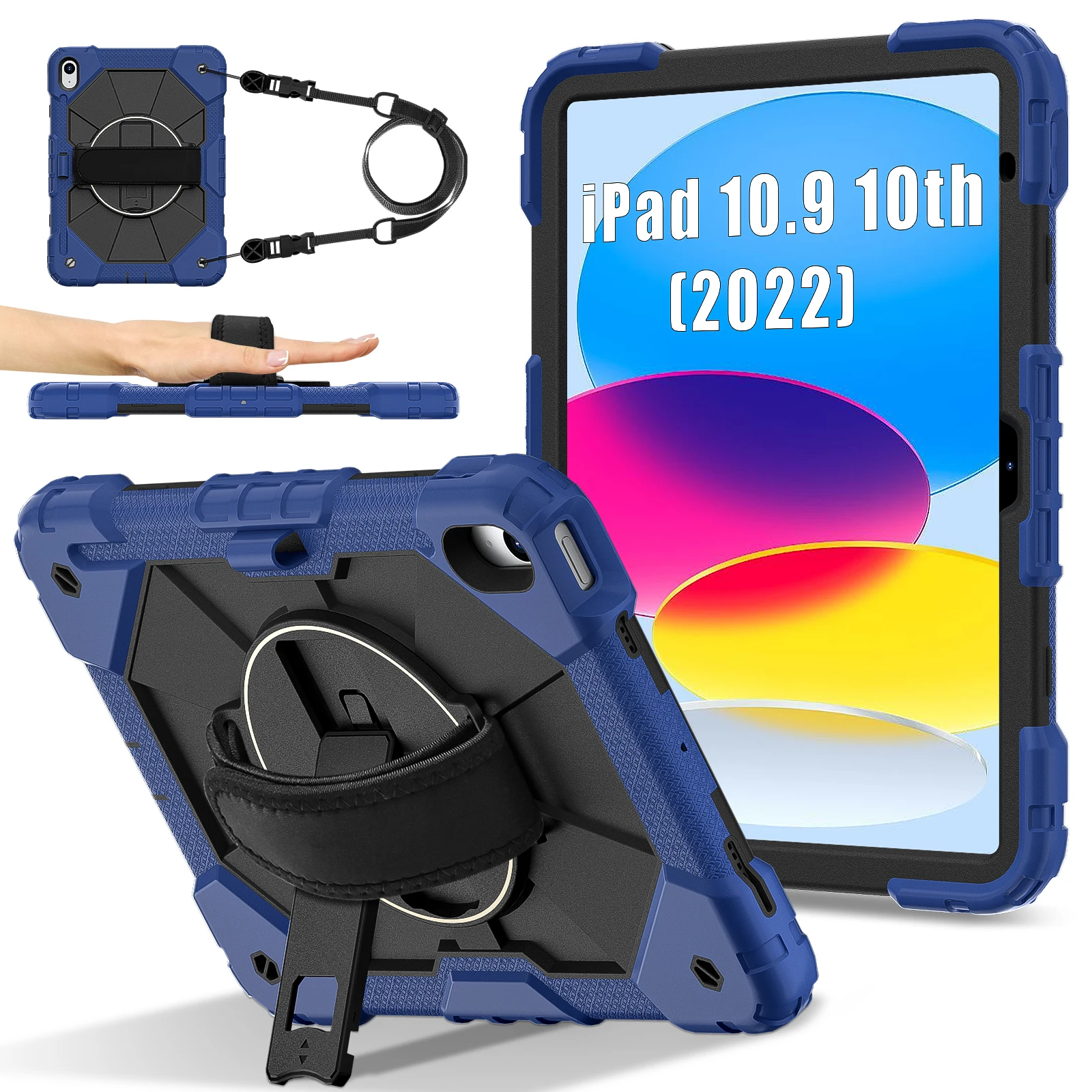 

Stand Armor Case Universal For iPad 2025 A16 11th 11" 10.9 2022 10th Gen. 3-Layers 360 Rotating Hybrid Cover Hand Shoulder Strap