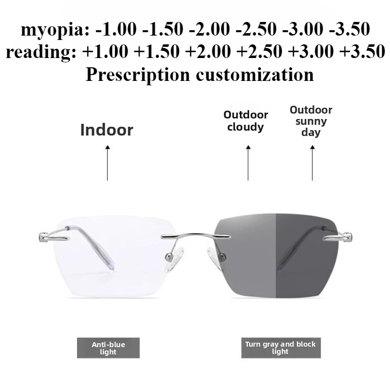 

56mm Ultra-light Pure Titanium Rimless Glasses Frameless Outdoor Photochromic Glasses Anti-blue Light Men Reading Eyeglasses