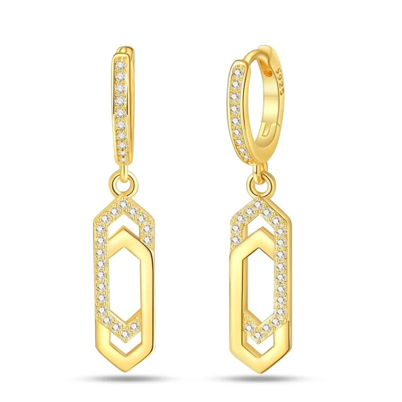 

925 Sterling Silver Classic Golden Geometric Hoop Earrings Sparkling CZ Zircon Earrings For Women Fine Anniversary Jewelry Gifts