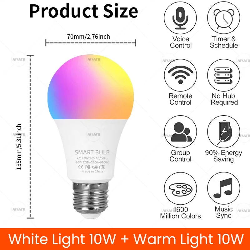 20W Tuya E27 WIFI Smart Bulb Lamps Led RGBCW Colorful Smart Light 110V 220V Voice Control APP Group Works With Alexa Google Home