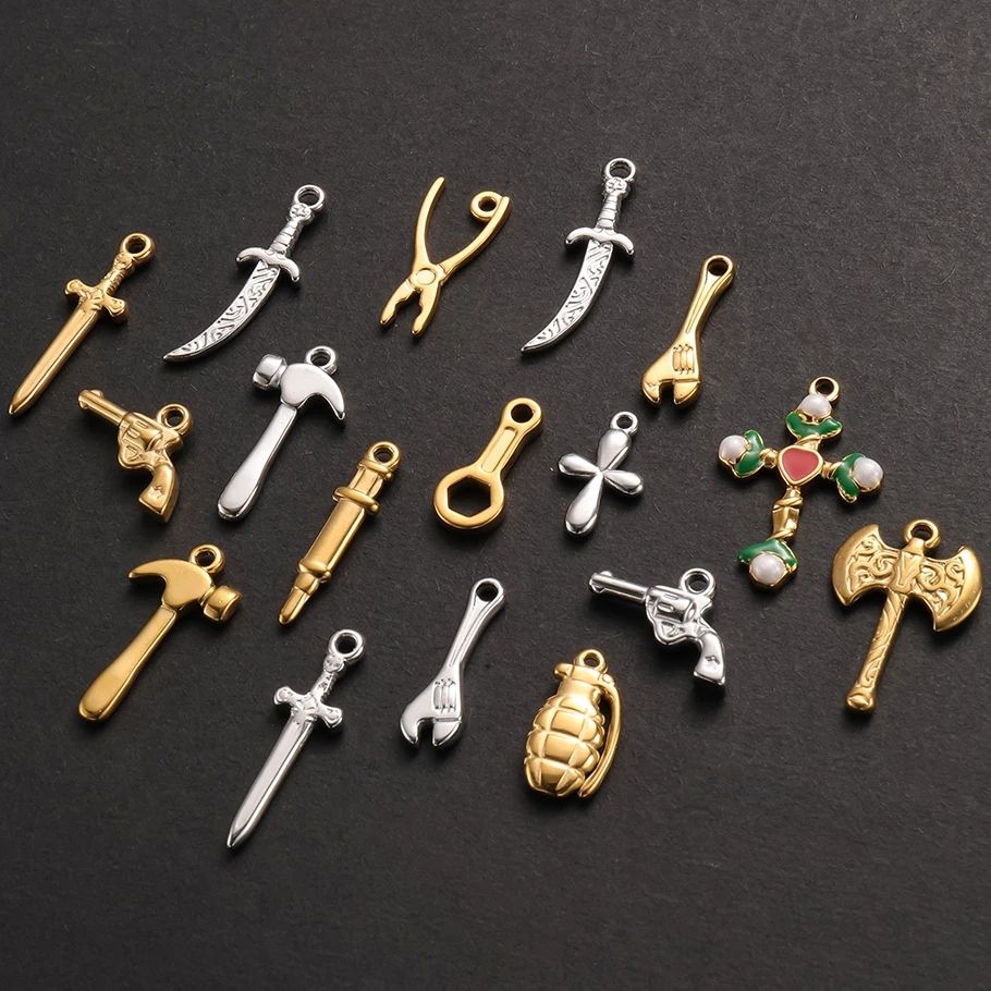 10pcs High Quality Wrench Hammer Scissors Punk Tool Pendant Hip-Hop Rock Pistol Sword Cross Stainless Steel Pendants DIY Making