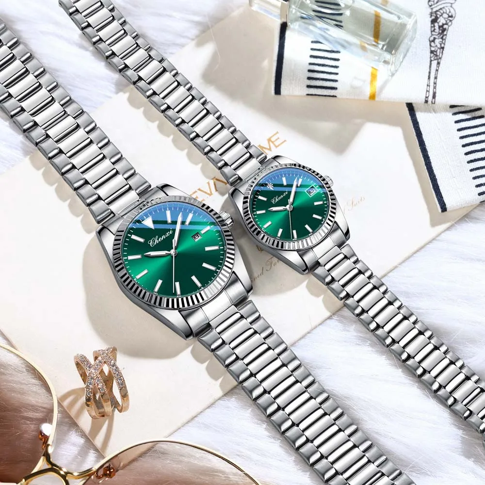 CHENXI Coppia Orologi Orologio al quarzo da uomo con data Cinturino in acciaio inossidabile Resistente all'acqua Stile business casual Regalo ideale per coppia