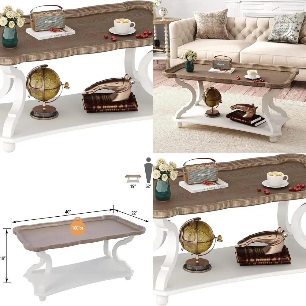 

Белый журнальный столик в деревенском стиле с полкой для хранения и резными ножками, винтажная мебель для гостиной