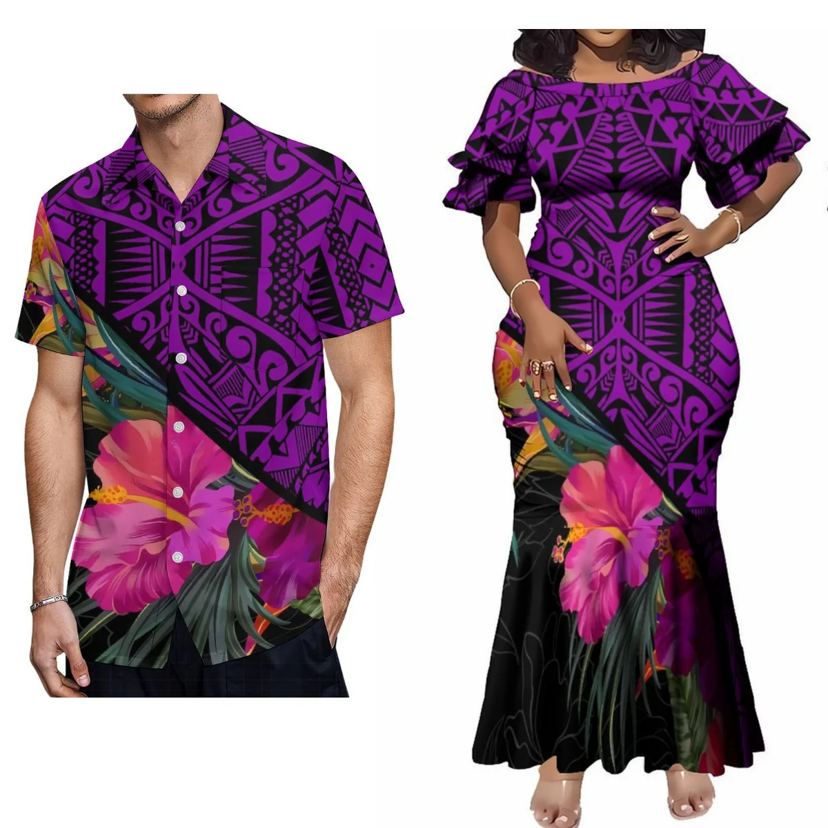 2024 New Polynesian Island Design Women'S Fishtail Dress With Sheath Long Skirt Matching Men'S Aloha Shirt 