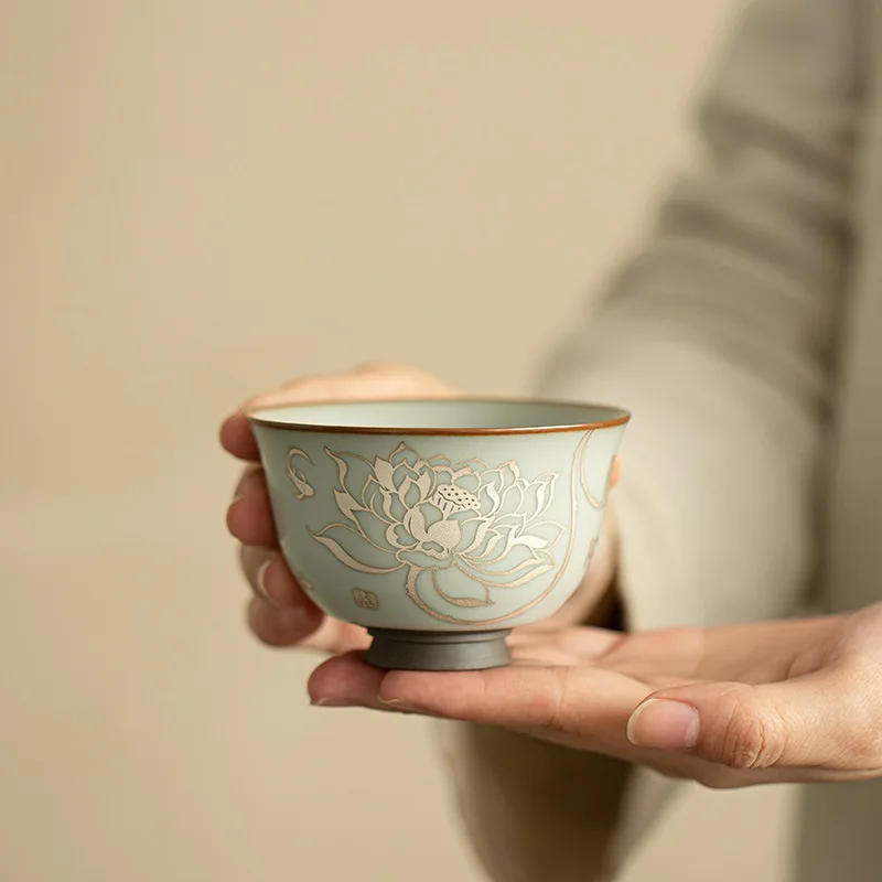 Ru Kiln Lotus Pond Clear and Interesting Tea Cup Ceramic Tea Set, Opened to Nourish the Mouth Cup, Master Cup, Tea Tasting Cup,