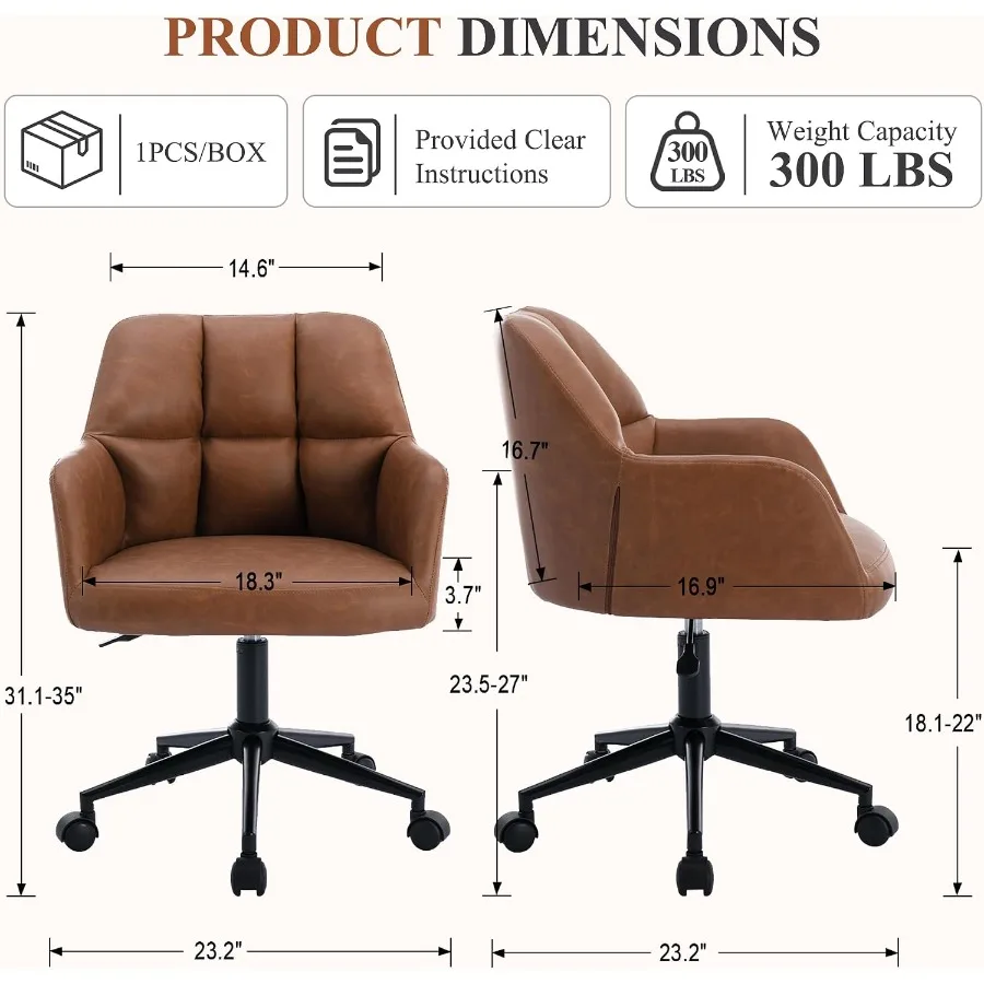 Brown Leather Desk Chair Office Chair with Mid Back Support Armrest, Adjustable-Height 360 Swivel Rolling Task Chair Home Offic