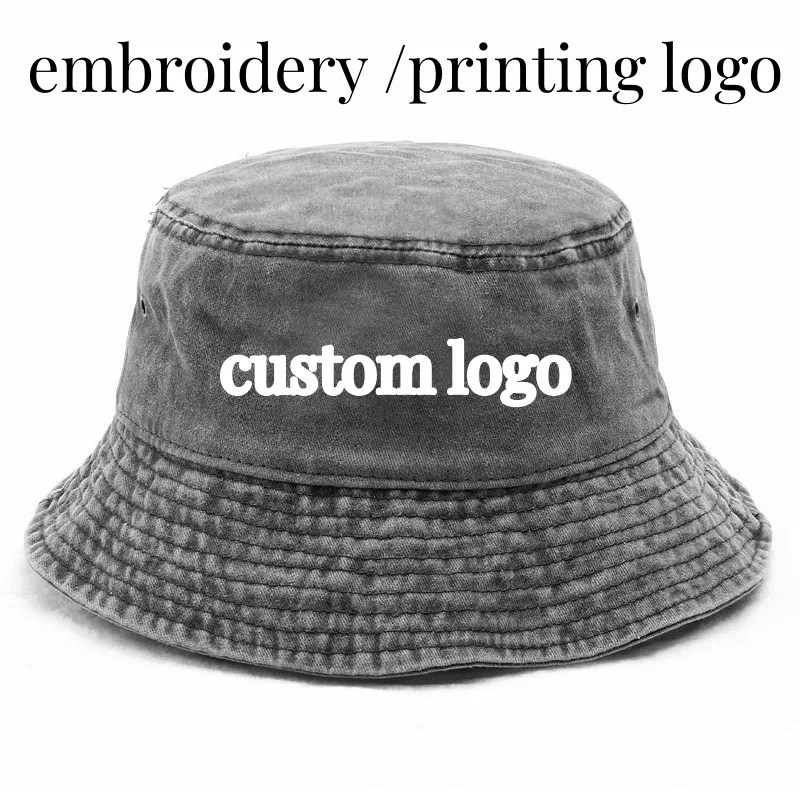 

DIY Custom Logo Men Women Panama Bucket Cap Solid Cotton Washed Denim Bucket Hats Unisex Bob Folding Fisherman Hip Hop Gorros