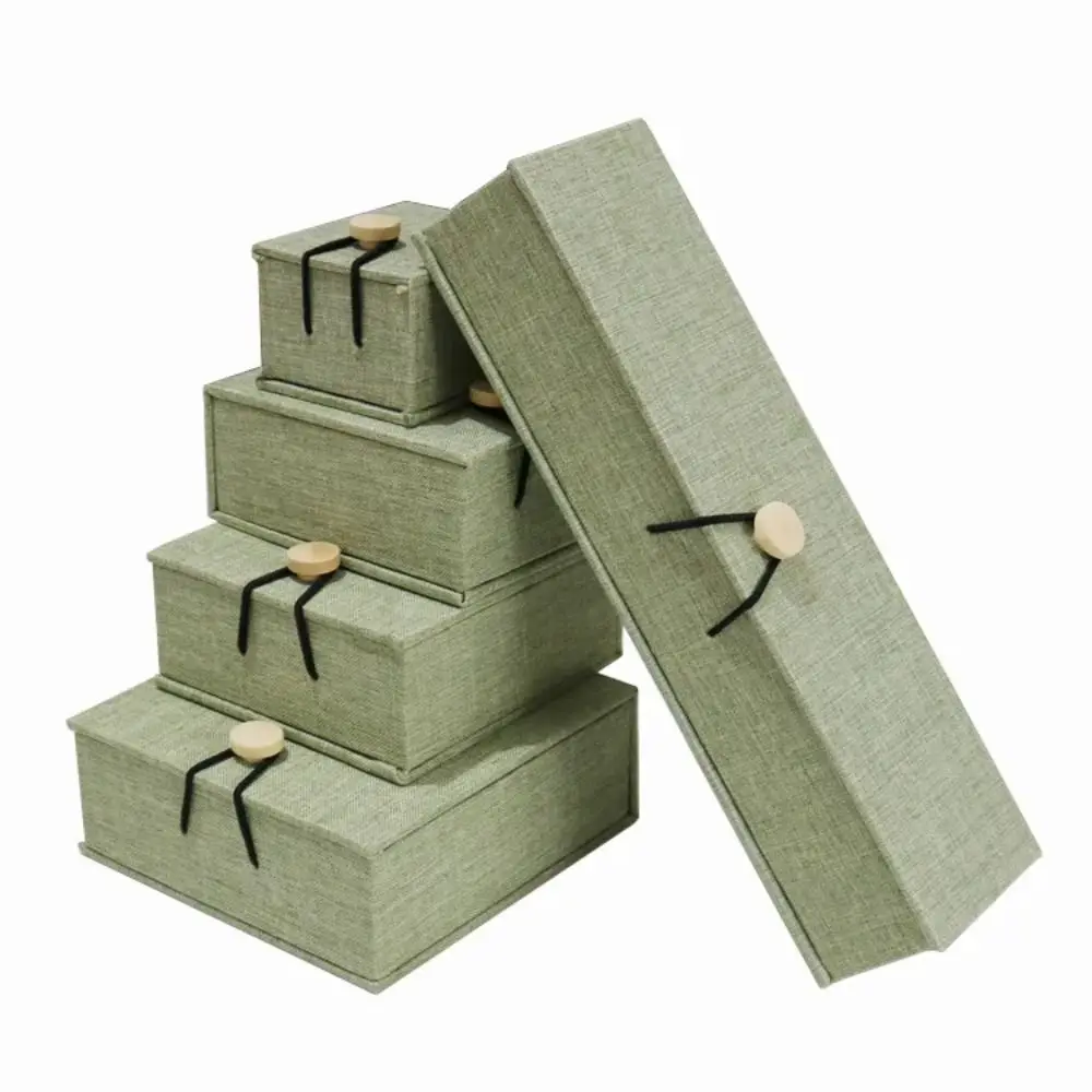 Linen Wood Jewelry Box Button Closure Fleece Lining Pendant Bracelet Box Dust Protect Multi-purpose Jewelry Case