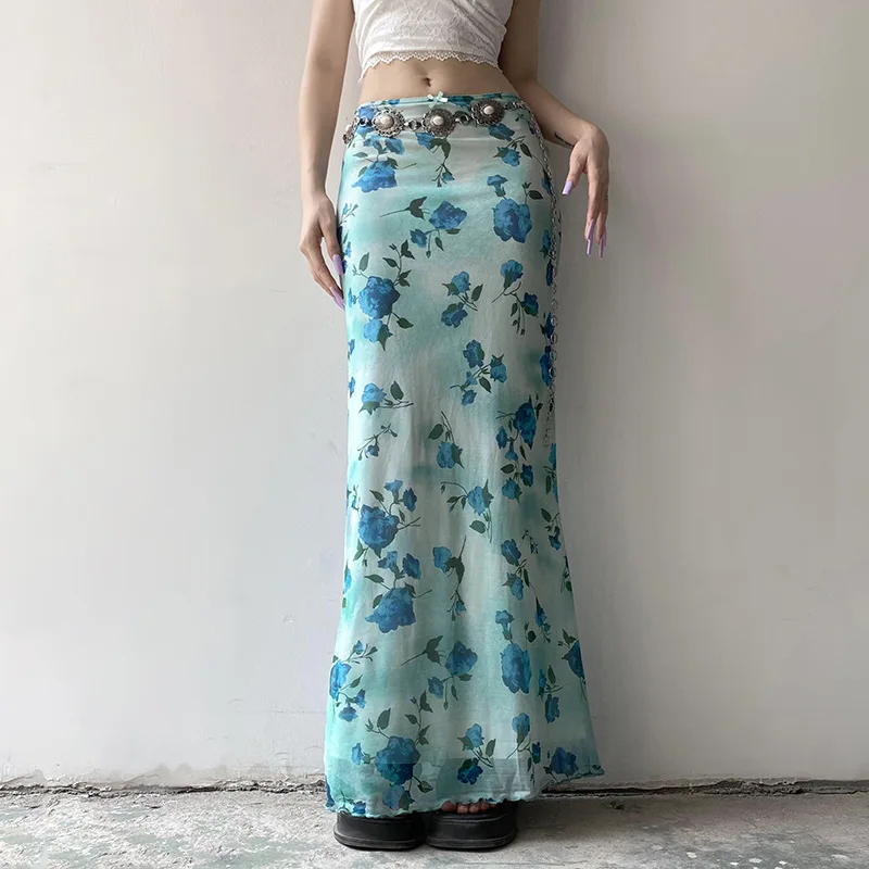 

Women's Fashion French Style Summer Vintage Fresh Print Lace Trim Slimming Low Waist Elegant Fish Tail Hip Hugging Skirt