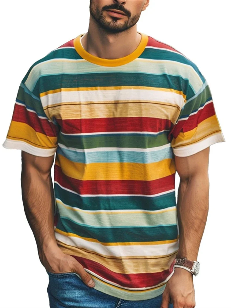 Simple Stripe Printed T Shirts For Men Summer Casual O-neck Short Sleeve Tops Fashion Comfortable Breathable Tees Daily Clothing
