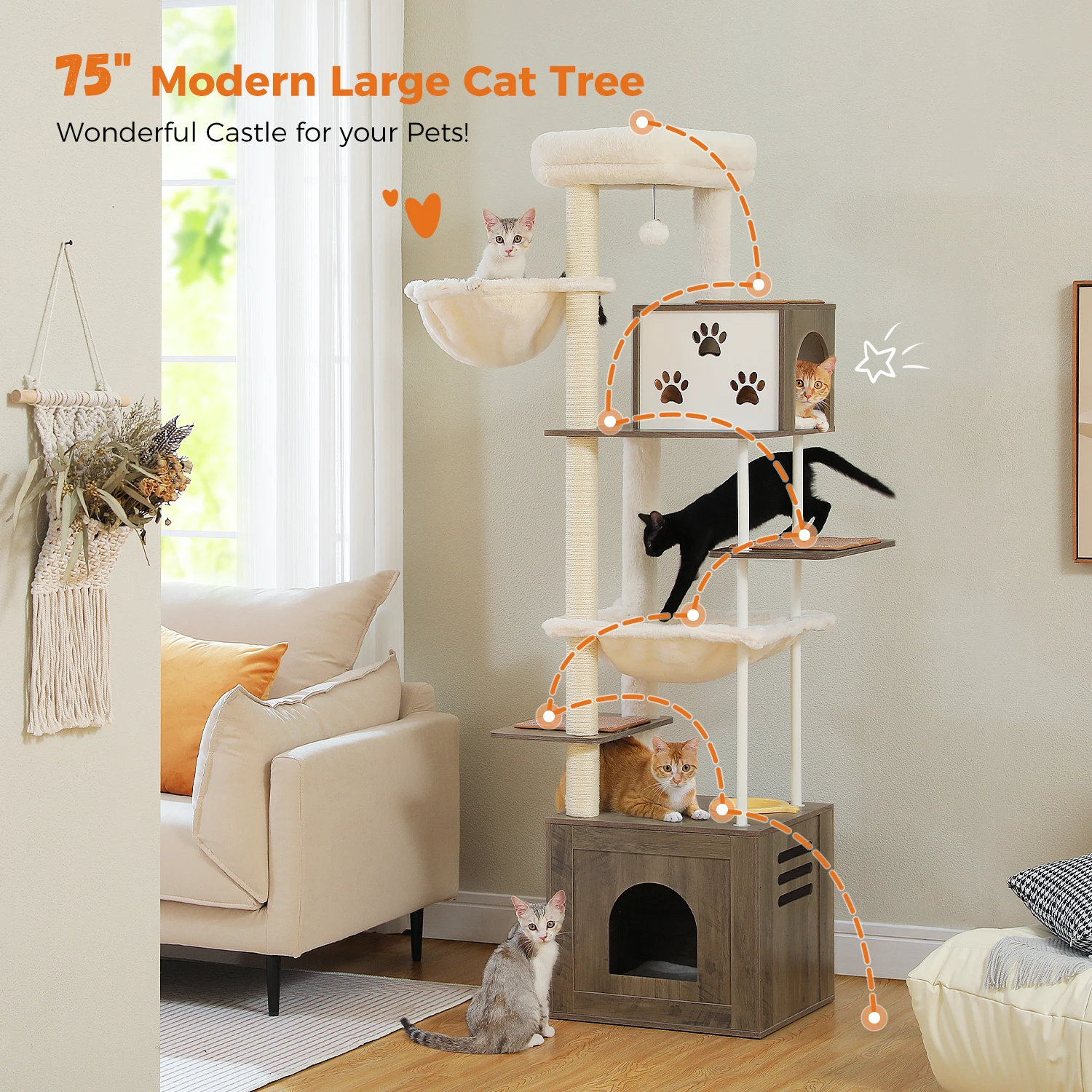 Wooden Cat Tree with Sisal Scratching Posts Large Cat Tower with Cozy Hammocks Spacious Perch Large Condo for Indoor Cat Toys