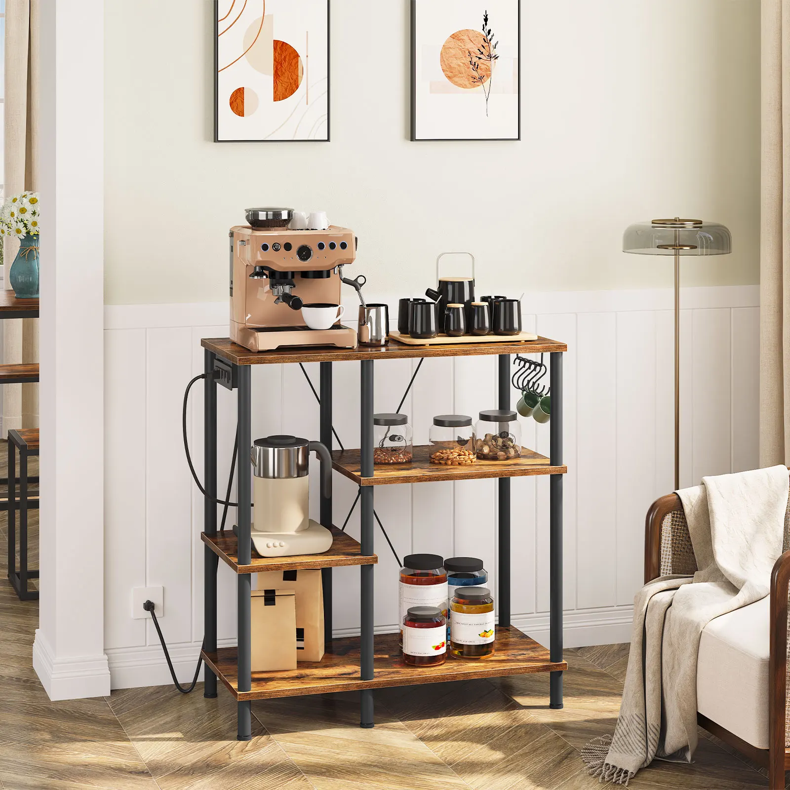 

Bakers Rack with Power Outlet, Microwave Stand with 5 S-Shaped Hooks, Coffee Bar, Kitchen Storage Shelf Kitchen Cabinet