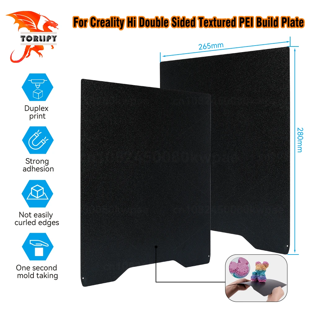 

Для Creality Hi двухсторонняя текстурированная объединительная пластина PEI 265*280 мм, высокопрочная износостойкая нагревательная кровать для листа Creality Hi