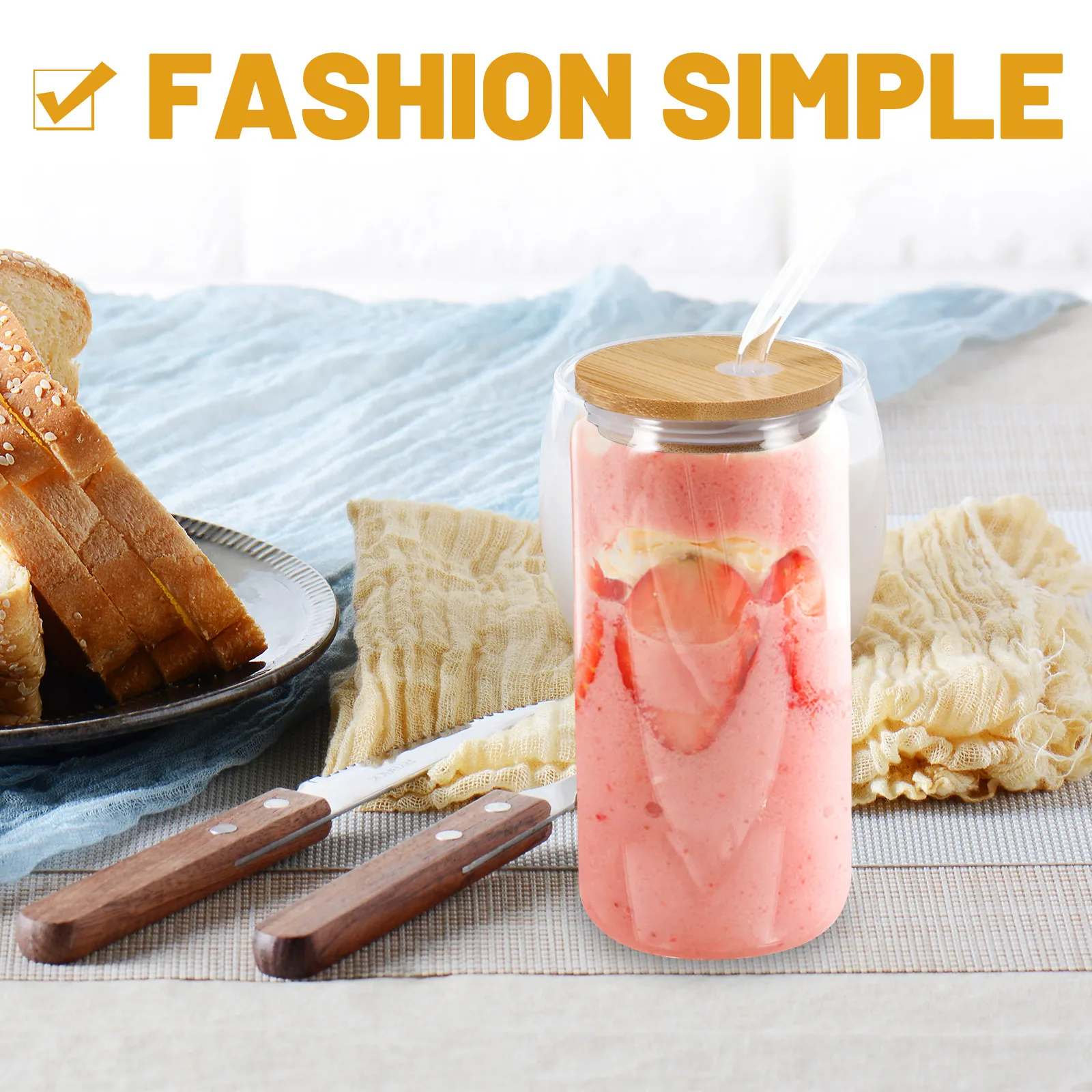 1Set Glass Coffee Cup Set Clear Leak Proof Drinking Cup with Bamboo Lid Straw for Hot Cold Beverages Cocktail Juice Milk Tea view 6