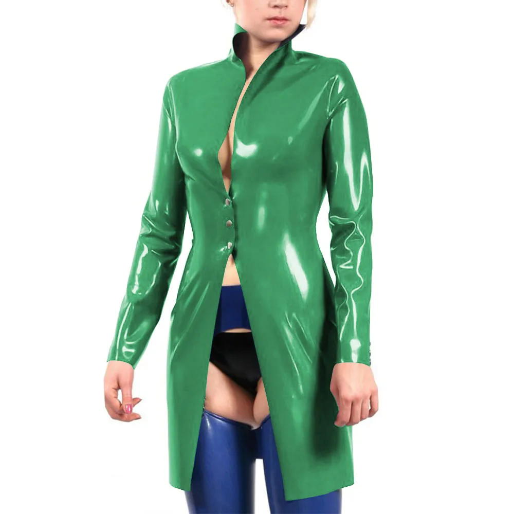 

Stand Collar Vinyl Full Sleeve PVC Leather Long Jackets Latex Look Goth Button-up Trench Coat Plus Size Party Cosplay Outerwear