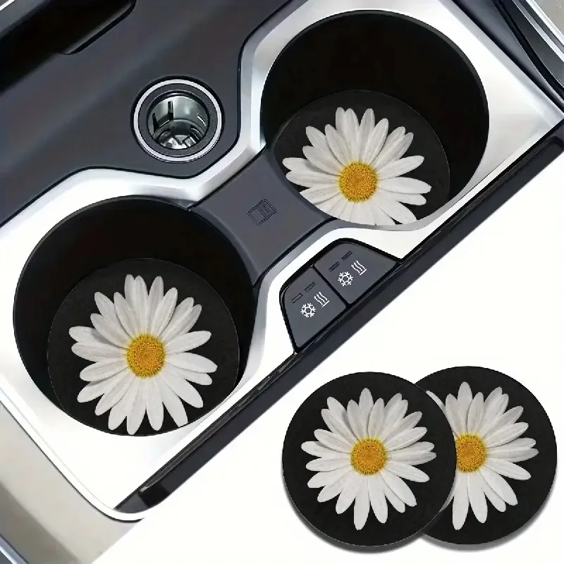 2PCS Anti Slip Daisy Patterned Absorbent And Heat-Insulating Pads For Car Cup Holders