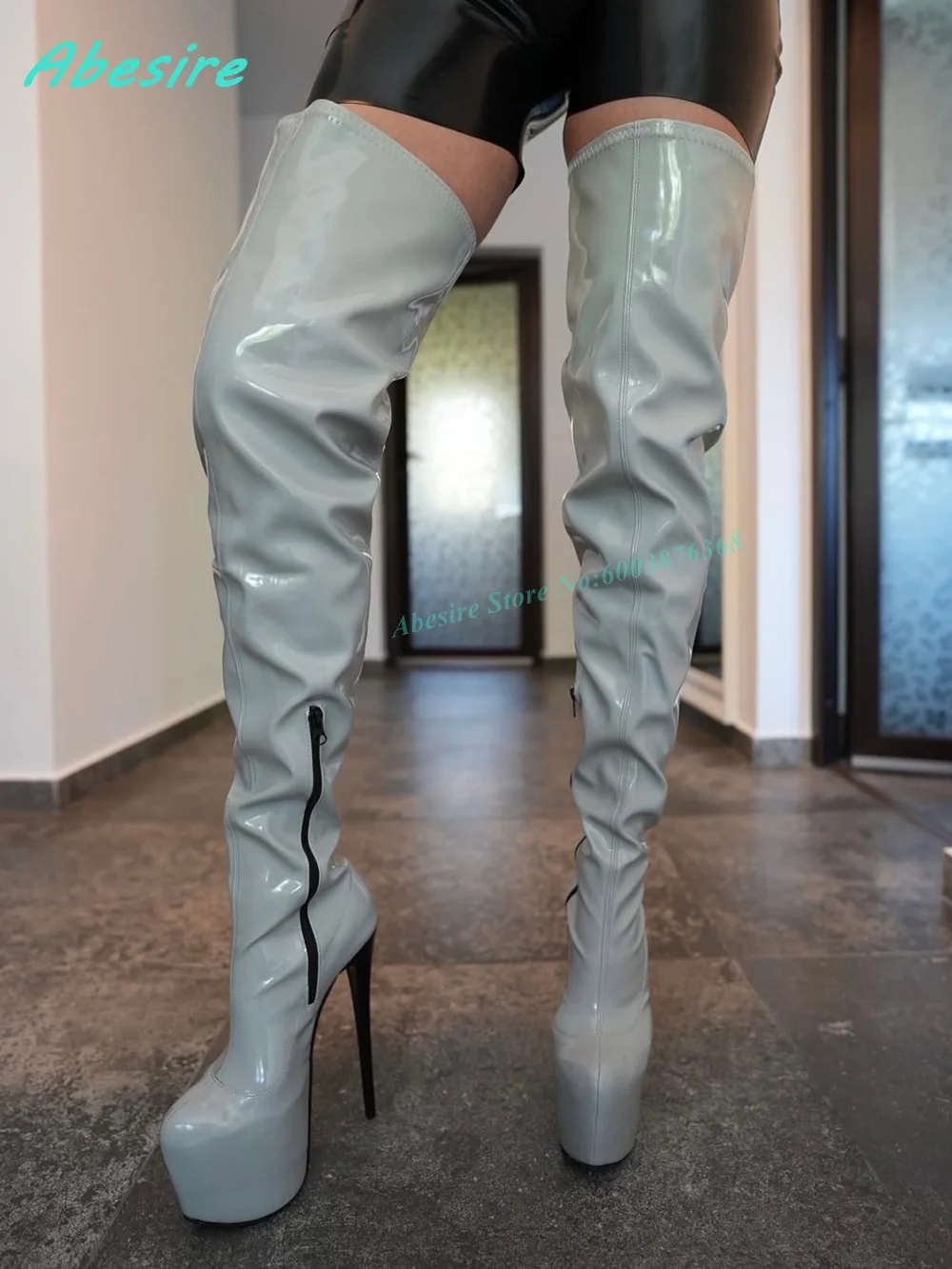 Light Gray Gloss Patent Over The Knee Boots Platform Round Toe Side Zipper Stiletto Heels Women's Boots Sexy Party Y2K Shoes